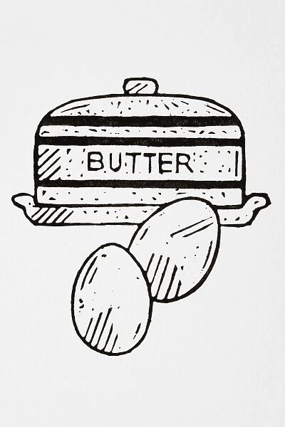 Black and white illustration of butter dish and two eggs
