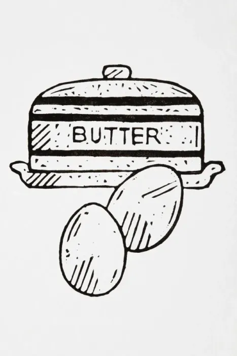Framed Print : Black and white illustration of butter dish and two eggs Framed Print : Black and white illustration of butter dish and two eggs