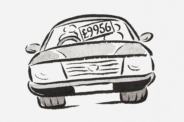 Black and white illustration of a car with a price tag in the window