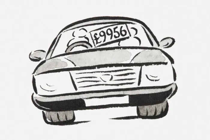 Framed Print : Black and white illustration of a car with a price tag in the window Framed Print : Black and white illustration of a car with a price tag in the window