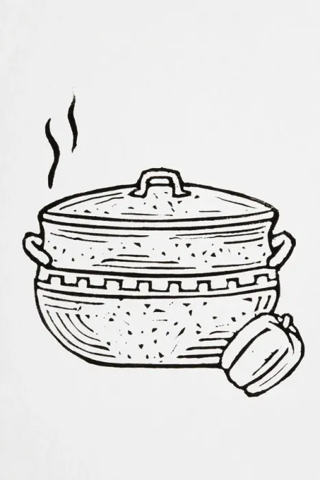 Framed Print : Black and white illustration of casserole and bell pepper Framed Print : Black and white illustration of casserole and bell pepper