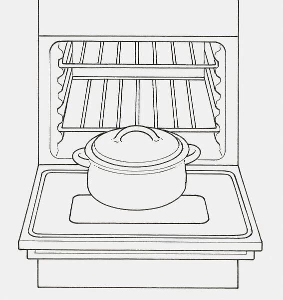 Black and white illustration of casserole dish in front of open oven