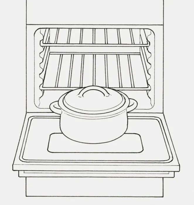 Framed Print : Black and white illustration of casserole dish in front of open oven Framed Print : Black and white illustration of casserole dish in front of open oven
