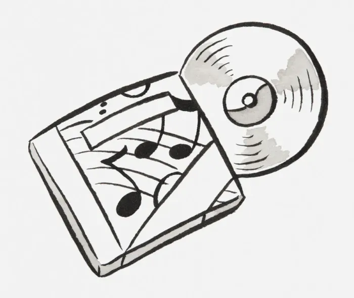 Framed Print : Black and white illustration of CD out of case Framed Print : Black and white illustration of CD out of case