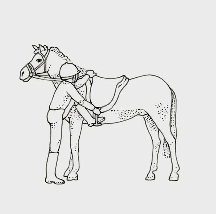 Framed Print : Black and white illustration of child getting on horse Framed Print : Black and white illustration of child getting on horse