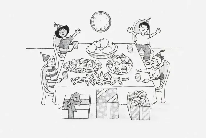 Framed Print : Black and white Illustration of children sitting around a table at birthday party Framed Print : Black and white Illustration of children sitting around a table at birthday party