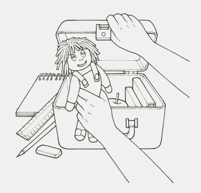 Framed Print : Black and white illustration of childs hand holding doll next to open case filled with books and an apple, stationery nearby