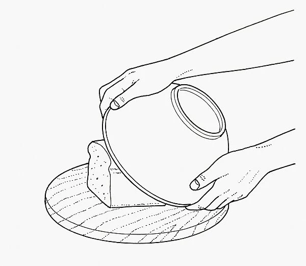 Black and white illustration of covering loaf on chopping board with bowl to retain freshness