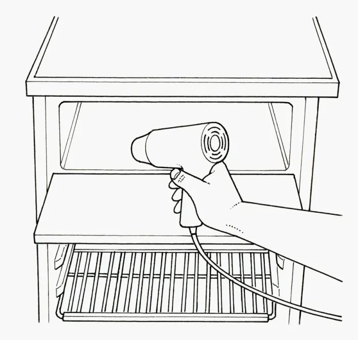Framed Print : Black and white illustration of defrosting refrigerator freezer compartment using hair dryer