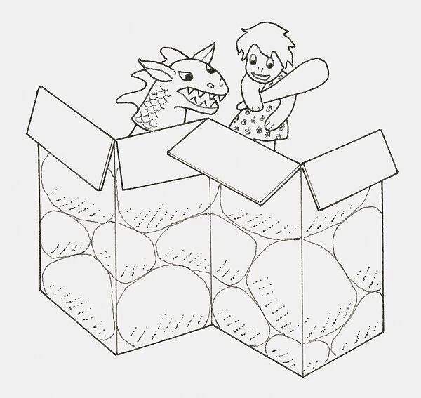 Black and white illustration of dragon and stone age girl hand puppets behind a cardboard screen