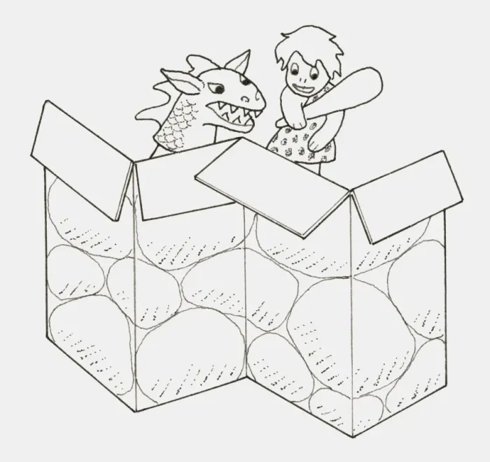 Framed Print : Black and white illustration of dragon and stone age girl hand puppets behind a cardboard screen Framed Print : Black and white illustration of dragon and stone age girl hand puppets behind a cardboard screen