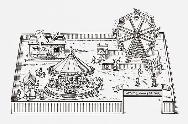 Black and white illustration of a fairground