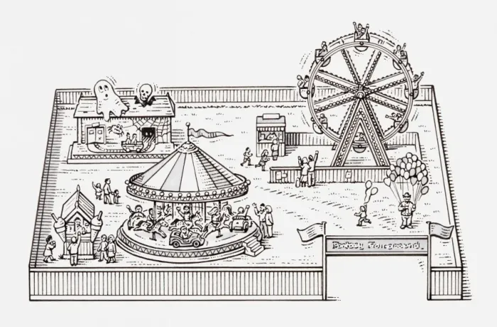 Framed Print : Black and white illustration of a fairground