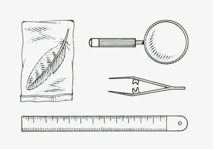 Framed Print : Black and white illustration of a feather in a sealed bag, a magnifying glass, a pair of tweezers, a ruler Framed Print : Black and white illustration of a feather in a sealed bag, a magnifying glass, a pair of tweezers, a ruler