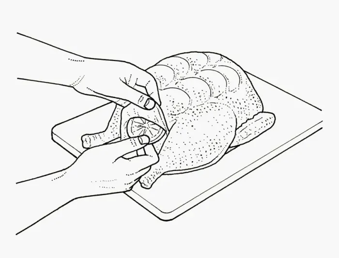 Framed Print : Black and white illustration of flavouring raw chicken with slices of lemon positioned below breast