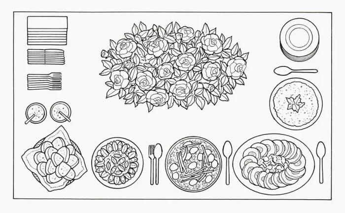 Framed Print : Black and white illustration food, cutlery and centre piece on table Framed Print : Black and white illustration food, cutlery and centre piece on table