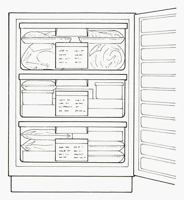 Framed Print : Black and white illustration full freezer with labelling on drawers Framed Print : Black and white illustration full freezer with labelling on drawers