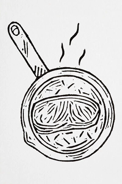 Black and white illustration of frying bacon in pan