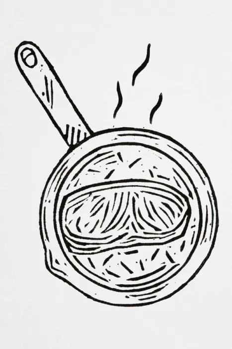 Framed Print : Black and white illustration of frying bacon in pan Framed Print : Black and white illustration of frying bacon in pan