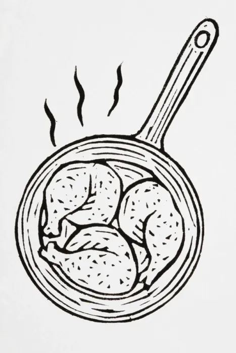 Framed Print : Black and white illustration of frying chicken legs in pan Framed Print : Black and white illustration of frying chicken legs in pan
