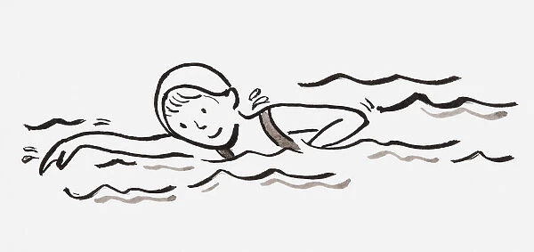 Black and white illustration of girl swimming