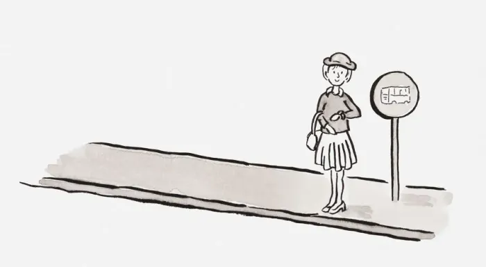 Framed Print : Black and white illustration of girl waiting at a bus stop Framed Print : Black and white illustration of girl waiting at a bus stop