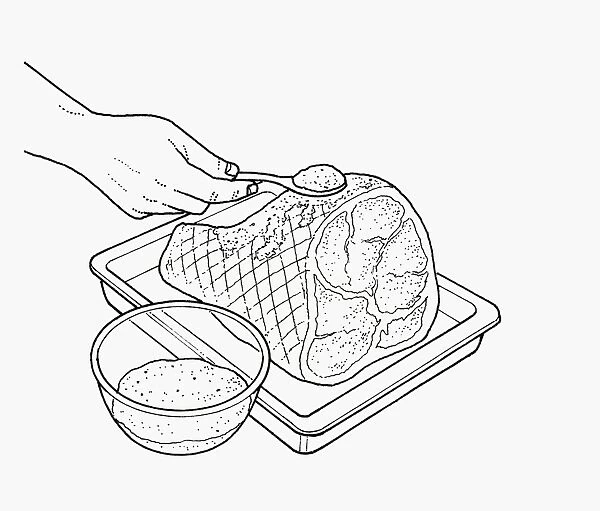 Black and white illustration of glazing roast ham with brown sugar over fat
