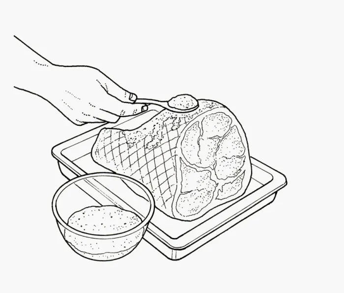 Framed Print : Black and white illustration of glazing roast ham with brown sugar over fat Framed Print : Black and white illustration of glazing roast ham with brown sugar over fat