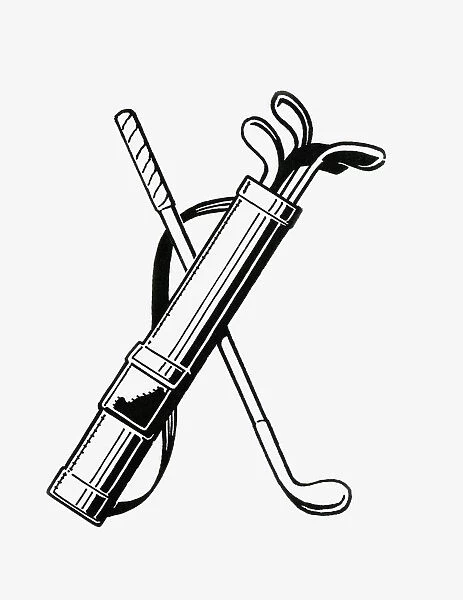 Black and white illustration of golf clubs