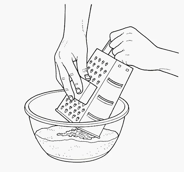 Black and white illustration of grating butter on top of flour in mixing bowl