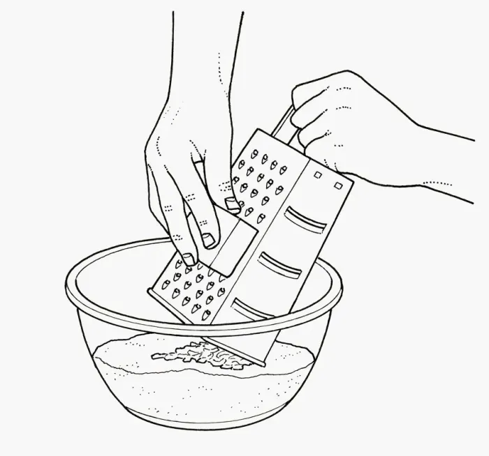 Framed Print : Black and white illustration of grating butter on top of flour in mixing bowl Framed Print : Black and white illustration of grating butter on top of flour in mixing bowl