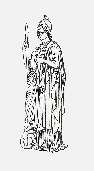 Black and white illustration of Greek goddess Athena