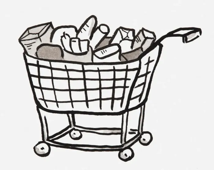 Framed Print : Black and white illustration of groceries in shopping trolley Framed Print : Black and white illustration of groceries in shopping trolley