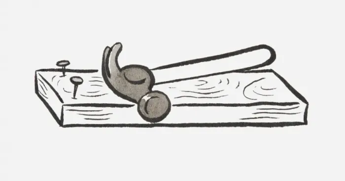 Framed Print : Black and white illustration of hammer on a board with two nails halfway in Framed Print : Black and white illustration of hammer on a board with two nails halfway in