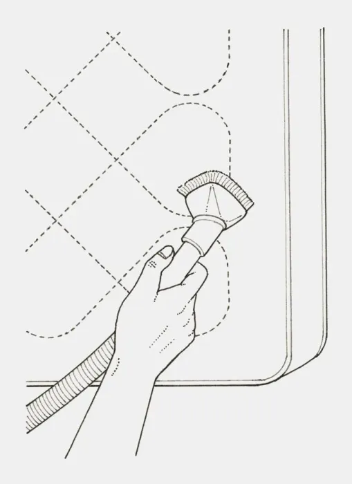 Framed Print : Black and white illustration of hand cleaning mattress with vacuum cleaner