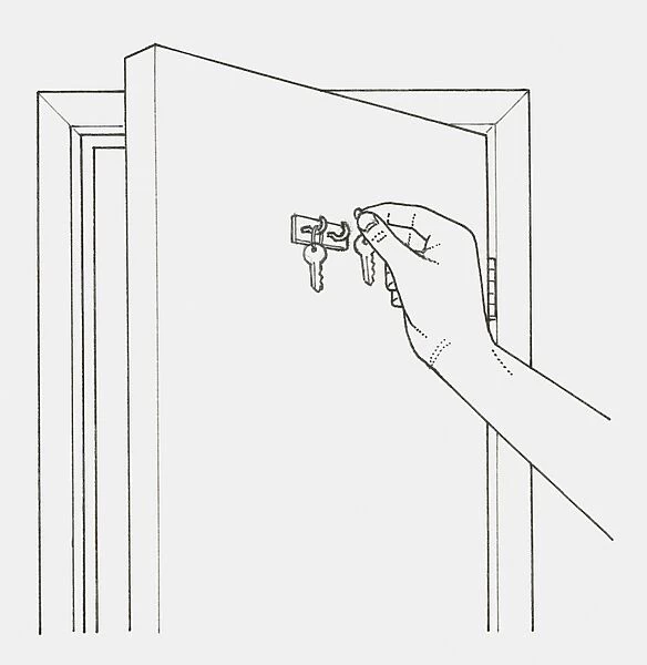 Black and white illustration of hand hanging keys on hooks fixed to the back of a door