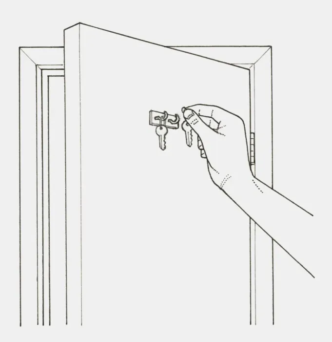 Framed Print : Black and white illustration of hand hanging keys on hooks fixed to the back of a door Framed Print : Black and white illustration of hand hanging keys on hooks fixed to the back of a door