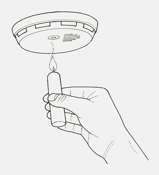 Black and white illustration of a hand holding a lit candle underneath a smoke detector