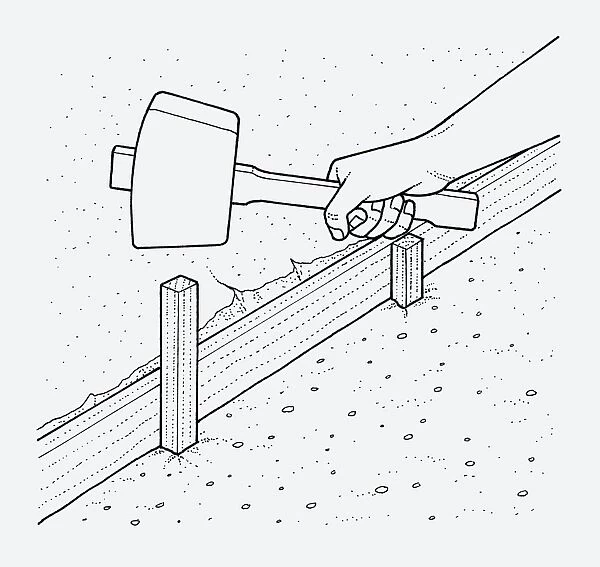 Black and white illustration of hand holding mallet above wooden edging post in ground