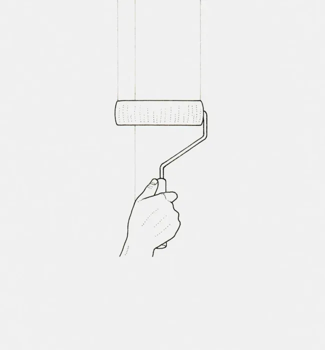 Framed Print : Black and white illustration of hand holding paint roller against wall Framed Print : Black and white illustration of hand holding paint roller against wall