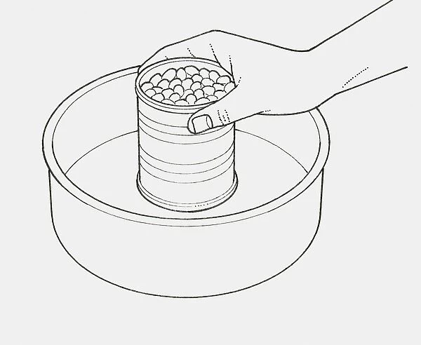 Black and white illustration of hand holding tin of beans in middle of cake tin