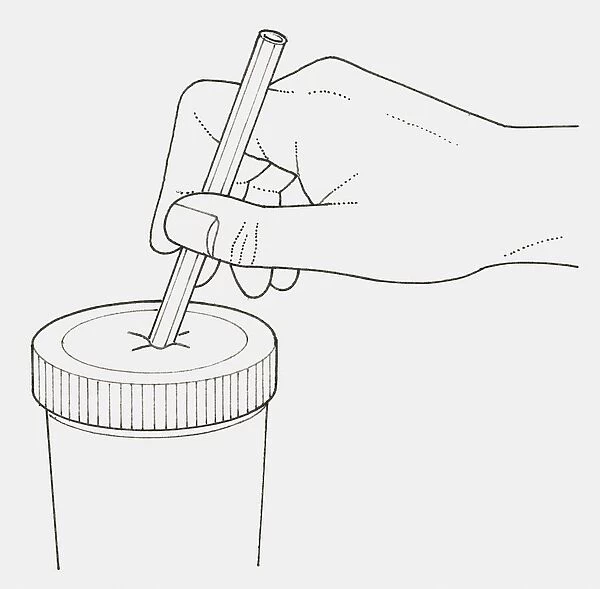 Black and white illustration of hand inserting drinking straw in lid of disposable cup