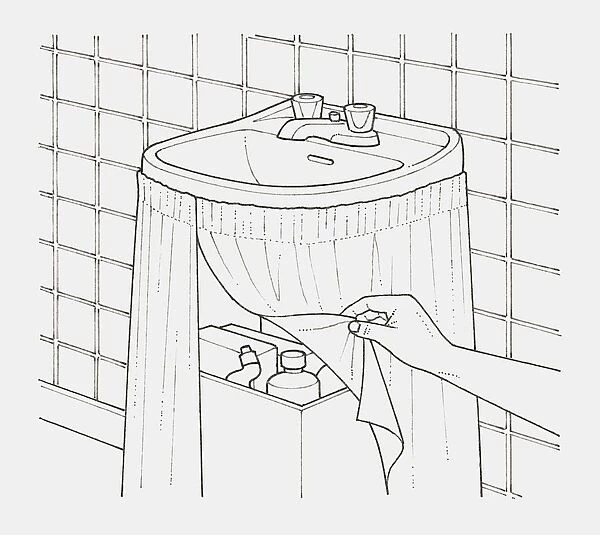 Black and white illustration of hand lifting edge of a curtain hung from a basin, to screen a box of detergents