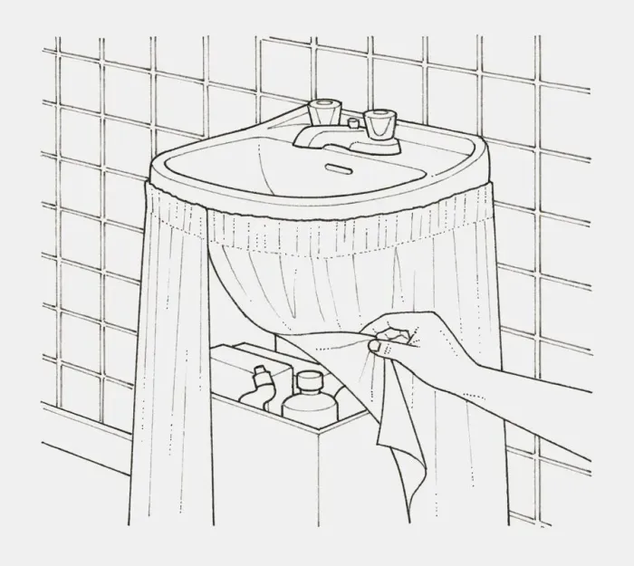 Framed Print : Black and white illustration of hand lifting edge of a curtain hung from a basin, to screen a box of detergents Framed Print : Black and white illustration of hand lifting edge of a curtain hung from a basin, to screen a box of detergents