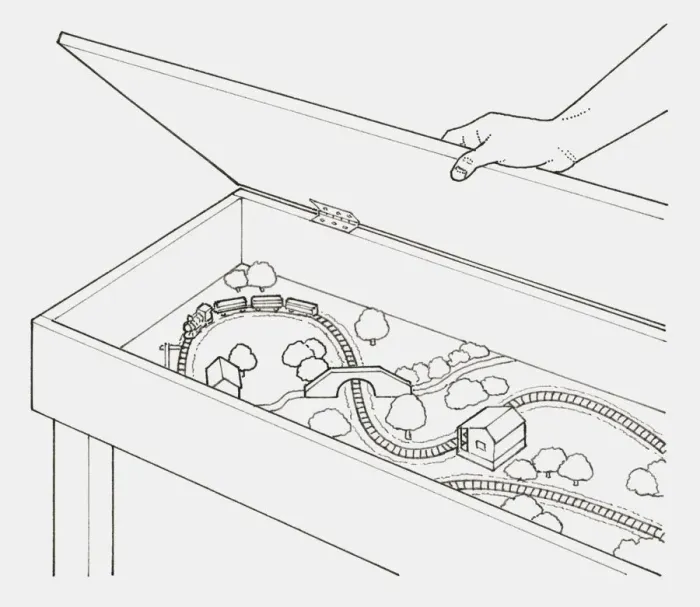 Framed Print : Black and white illustration of hand opening lid of a box containing a train set Framed Print : Black and white illustration of hand opening lid of a box containing a train set