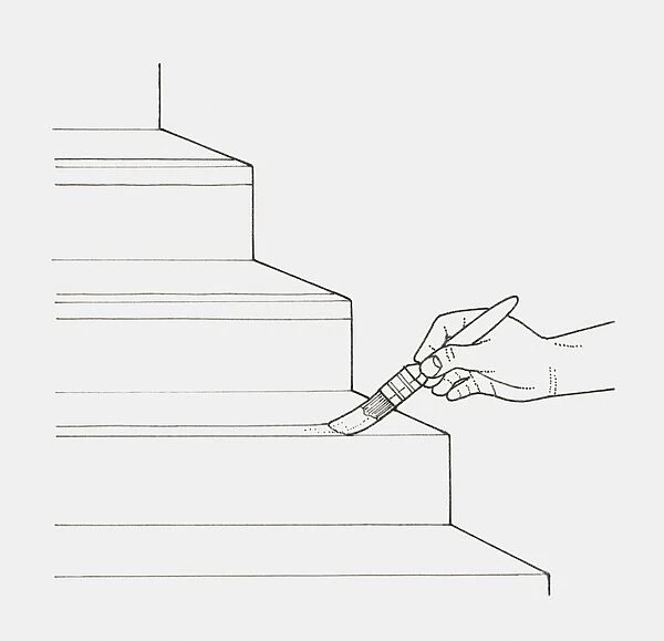 Black and white illustration of hand painting white stripes onto the edge of steps for safety