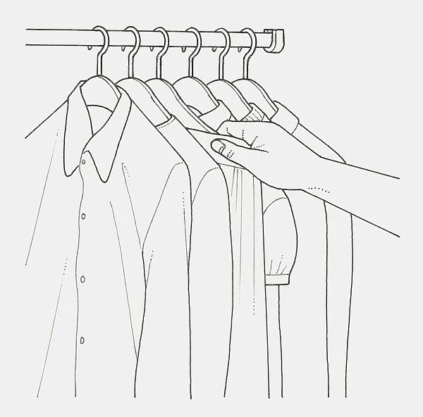 Black and white illustration of hand picking garment from clothes rail