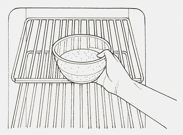 Black and white illustration of hand placing bowl of bicarbonate of soda inside fridge (cleaning a refrigerator of bad smells)