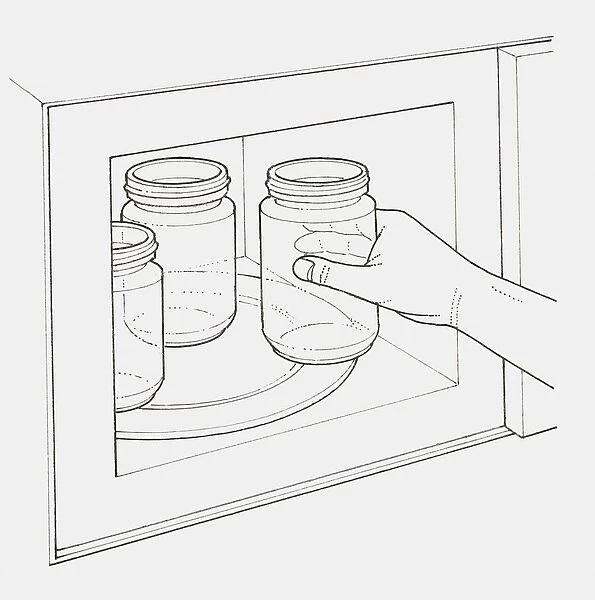 Black and white illustration of hand placing glass jars into microwave to sterilise them