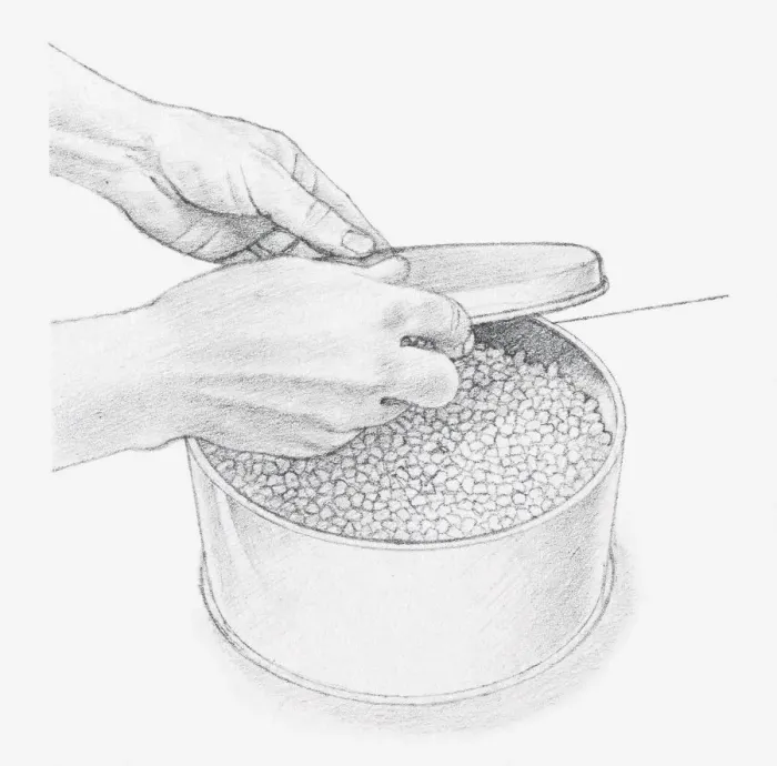 Framed Print : Black and white illustration of hand placing lid onto tin, containing flowers covered with silica gel crystals (drying flowers using desiccant) Framed Print : Black and white illustration of hand placing lid onto tin, containing flowers covered with silica gel crystals (drying flowers using desiccant)